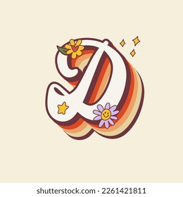 Groovy retro hippie stylized Initial Letter D with flowers. Seventies letter for nostatgic print or poster.