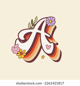 Groovy retro hippie stylized Initial Letter A with flowers. Seventies letter for nostatgic print or poster.