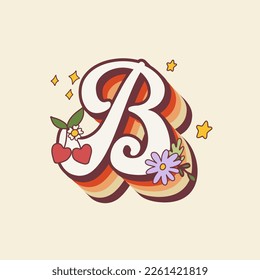 Groovy retro hippie stylized Initial Letter B with flowers. Seventies letter for nostatgic print or poster.