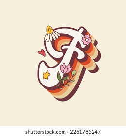 Groovy retro hippie stylized Initial Letter F with flowers. Seventies letter for nostatgic print or poster.