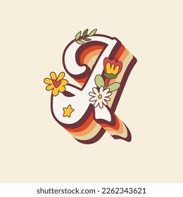 Groovy retro hippie stylized Initial Letter G with flowers. Seventies letter for nostatgic print or poster.