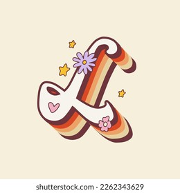 Groovy retro hippie stylized Initial Letter L with flowers. Seventies letter for nostatgic print or poster.