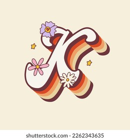 Groovy retro hippie stylized Initial Letter K with flowers. Seventies letter for nostatgic print or poster.