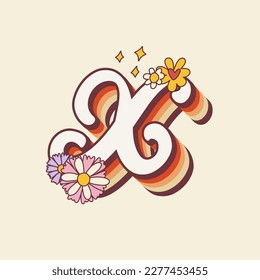Groovy retro hippie stylized Initial Letter X with flowers. Seventies letter for nostatgic print or poster.