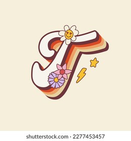 Groovy retro hippie stylized Initial Letter A with flowers. Seventies letter for nostatgic print or poster.