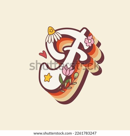 Groovy retro hippie stylized Initial Letter F with flowers. Seventies letter for nostatgic print or poster. Stock fotó © 