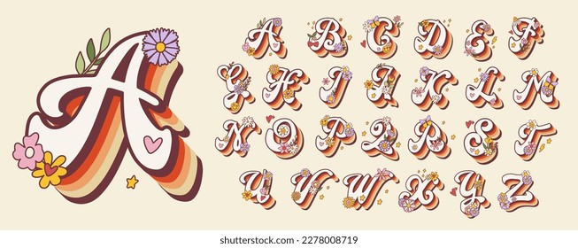 Groovy retro hippie trendy alphabet with flowers. Seventies letter for nostatgic print or poster.