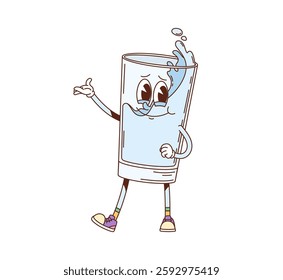 Groovy retro hippie water drink glass character. Mineral water beverage retro groovy isolated vector personage. Pure and clean aqua splash cheerful mascot or hydration drink cute cartoon character