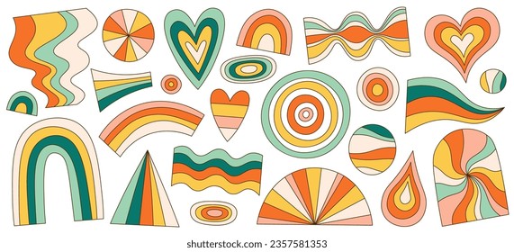 Groovy retro hipster colorful rainbow drawing positive element set of different shape and form. Vintage hippie iridescent spectrum psychedelic trippy funky summer sticker vector illustration