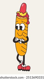 Groovy retro hot dog personaje, mascota. Comida chatarra. Ilustración aislada de dibujos animados de Vector