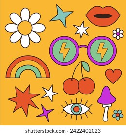 Groovy retro icon set in 60s, 70s hippie style. Funny cartoon daisy flower, rainbow, sunglasses, mushroom, heart, star, cherry lips, eye. Sticker print. Trendy psychedelic. Yellow background Vector
