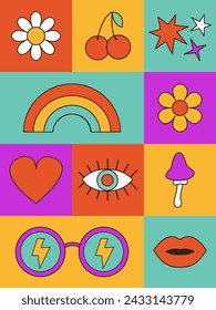 Groovy retro icon set in 60s, 70s hippie style. Funny cartoon daisy flower, rainbow, sunglasses, mushroom, heart star, cherry lips, eye. Poster, card. Trendy psychedelic. Yellow background Vector