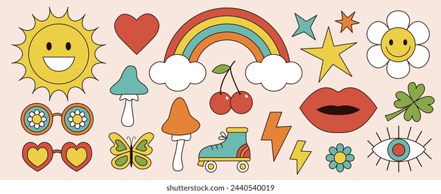 Groovy retro icon set in 60s, 70s hippie style. Cartoon daisy flower, rainbow sunglasses, mushroom, heart, star, cherry, lips eye, clover sun, roll. Trendy psychedelic. Pink background Vector