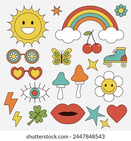 Un magnífico icono retro en estilo hippie de los años 60 y 70. Sol de dibujos animados, flor de margarita, arco iris, labios, ojo, gafas de sol hongo, estrella del corazón, trébol de cereza, rollo. Psicodélico de moda. Vector de fondo blanco