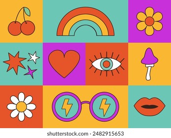 Groovy retro icon set in 60s, 70s hippie style. Funny cartoon rainbow, sunglasses, daisy flower, mushroom, heart, star, cherry lips eye. Poster, card. Trendy psychedelic. Colorful background Vector