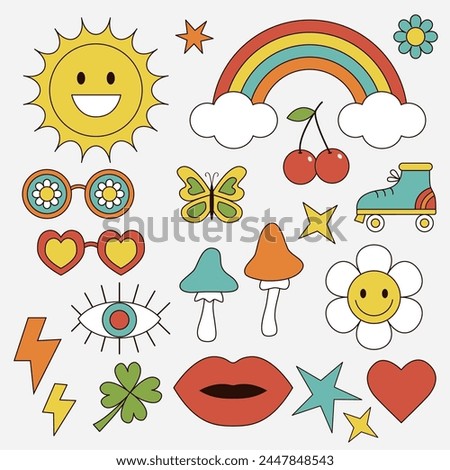 Groovy retro icon set in 60s, 70s hippie style. Cartoon sun, daisy flower, rainbow, lips, eye, sunglasses mushroom, heart star, cherry clover, roll. Trendy psychedelic. White background Vector