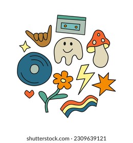 Iconos retro Groovy compuestos en forma de círculo aislados en fondo blanco. Símbolos doodle hipster de los años 60. Señales psicodélicas y de colores divertidos.