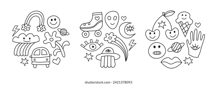 Iconos retro Groovy compuestos en formas redondeadas aisladas en fondo blanco. Símbolos de dibujos animados de los años 60. Señales de contorno de cómic.