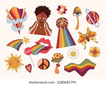 Groovy Retro-Paket mit Clipart-Kunstbündel, Nostalgie der 70er, Hippie-Mädchen in Regenbogenbrillen, stilisierter Pilz, Regenbogen, Blumen und Lippen-Vektorkit