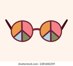 Groovy retro isolated clip art with funny multicolored hippie sunglasses and peace symbol, vector illustration