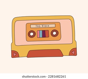 Groovy retro isolated clip art with funny audio cassette, 70s nostalgia, old fashioned aesthetic, vector illustration