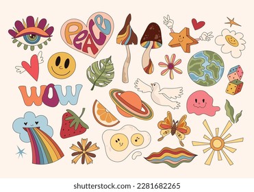 Groovy retro isolated clip art bundle, 70s nostalgia, hippie old fashioned aesthetic