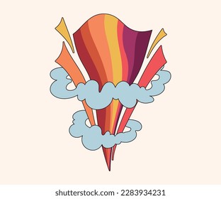 Groovy retro isolated clip art with funny cloud and rainbow, 70s nostalgia, vector illustration