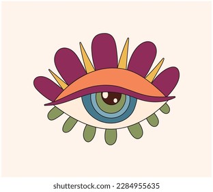 Groovy retro isolated clip art with funny multicolored trippy eye, 70s nostalgia, vector illustration