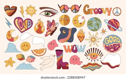 Groovy retro isolated clip art bundle, 70s nostalgia old fashioned aesthetic, stylized heart, peace symbol, planets and rainbow, design elements vector pack