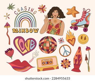 Groovy retro isolated clip arts with hippie girl, mushrooms, flowers, rainbow, retro cassette and disco ball, peace symbol, 70s or 60s nostalgia old fashioned style, big vector kit bundle