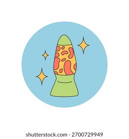 Groovy etiqueta adesivo lâmpada de lava retro em forma de círculo colorido. Tampa de pacote funky com gráfico psicodélico y2k. Música e inspiração vintage para produto moderno brincalhão ou emblema criativo.