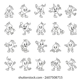 Groovy retro lemon fruit character doing fun cartoon vintage comic activities for print sticker design decoration humor joy
