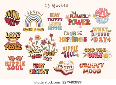 Groovy retro lettering compositions kit, flowers, mushrooms and rainbow, love and peace optimistic quote vector hand drawn