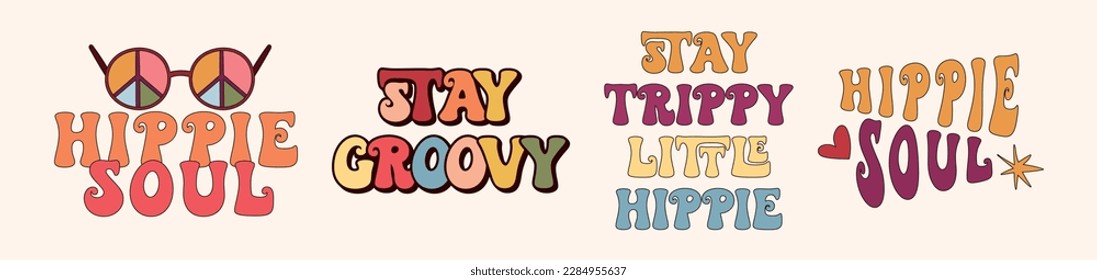 Groovy retro lettering phrases compositions kit, optimistic quote vector hand drawn, hippie funny slogans isolated clip arts