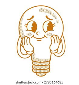 Groovy Retro Light Bulb Idea Character with Shy Blushing Face