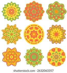 Mandala retro Groovy definido em verde abacate, laranja queimado e amarelo mostarda. Perfeito para decoração vintage, boho padrões, e design gráfico nostálgico. Ilustrações vetoriais de Trendsetter em EPS 10.