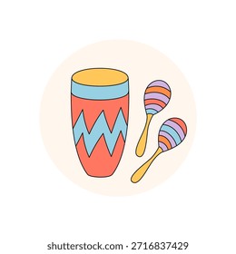 Groovy Retro Maraca Trommel und Aufkleber in bunter Kreisform. Musikinstrument mit Deckel als Party und Festivallabel für Paket mit Sound y2k Flair.