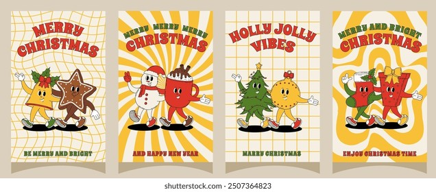 Groovy retro Merry Christmas and Happy New year posters. Set of christmas characters for posters, party invitations, greeting cards, stories template, postcard, prints in groovy style.