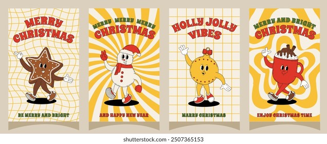 Groovy retro Merry Christmas and Happy New year posters. Set of christmas characters for posters, party invitations, greeting cards, stories template, postcard, prints in groovy style.