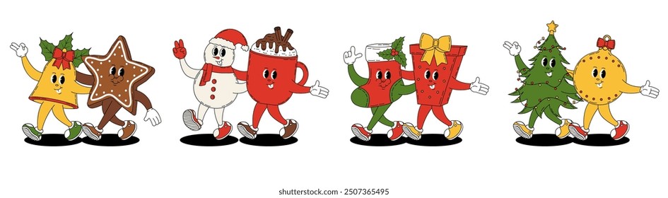Groovy retro Merry Christmas and Happy New year. Christmas characters in groovy style. Christmas tree, toy, bell, boot, gift, mug of hot chocolate, snowman, gingerbread.