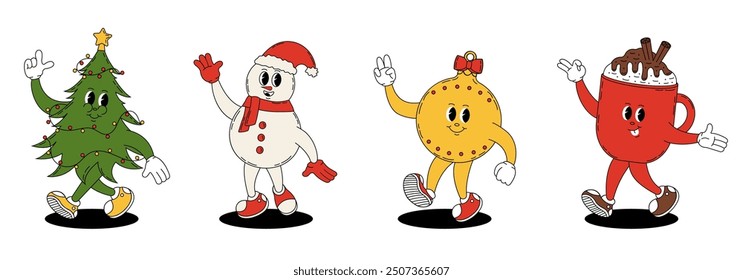 Groovy retro Merry Christmas and Happy New year. Christmas characters in trendy groovy hippie style. Christmas tree, toy, mug of hot chocolate and snowman.