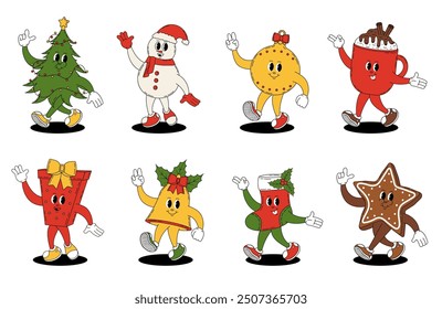 Groovy retro Merry Christmas and Happy New year. Christmas characters in groovy style. Christmas tree, toy, bell, boot, gift, mug of hot chocolate, snowman, gingerbread.