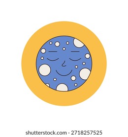 Groovy retro moon face with blue circle and y2k sticker emblem. Vintage patch as lid and seal, package accent in classic nostalgic style for cool trendy product.