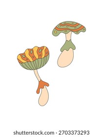 Groovy retro mushroom with psychedelic and cartoon graphic style, vibrant orange accents set in a fantasy world. Trippy shroom and magic groovy element evoke y2k trends for playful artistic decor