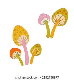 Groovy retro mushrooms set. Hippie psychedelic stickers in 1970 style. Vector mushroom from 60s isolated on white background
