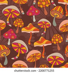 Groovy Retro Mushrooms Vector Seamless Pattern