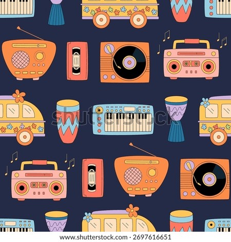 Groovy retro music pattern with seamless background and colorful cassette, boombox, radio, record, and synthesizer elements. Vintage y2k style pattern, playful trendy for creative backgrounds.