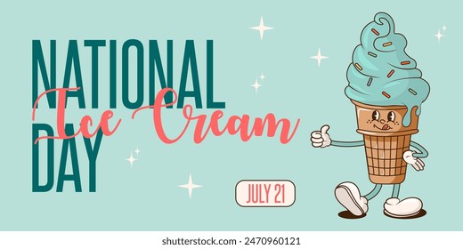 Groovy retro National ice cream day background. Vector illustration for banner, card, poster, with cheerful ice cream character and text.