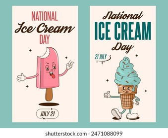 Groovy retro national ice cream day backgrounds with cool ice cream characters and text. Vector illustrations for posters, flyer and social media.