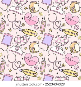 Groovy Retro Nurse Medical tools Seamles pattern Cute Doodle Cartoon repeat background 